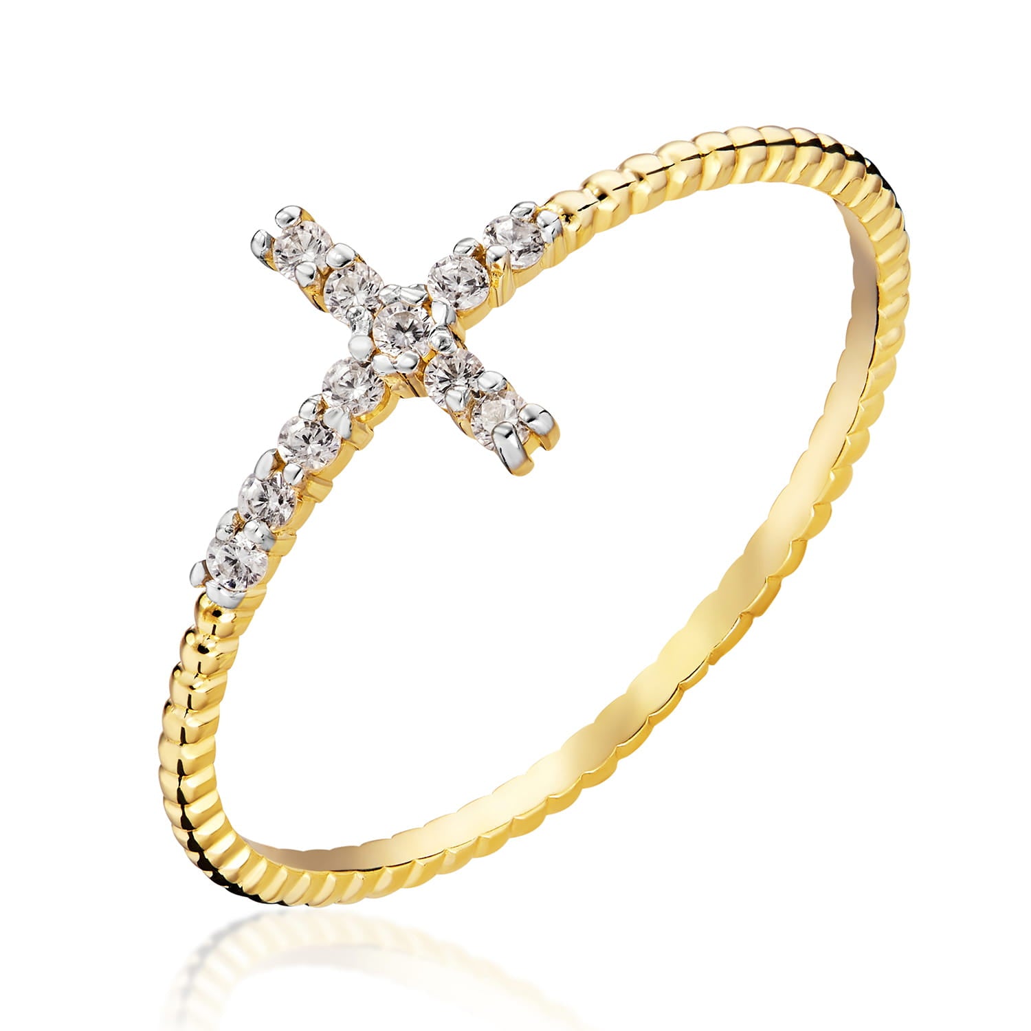 Inel Aur 14k Impletit cu Cruce si Zirconii Albe
