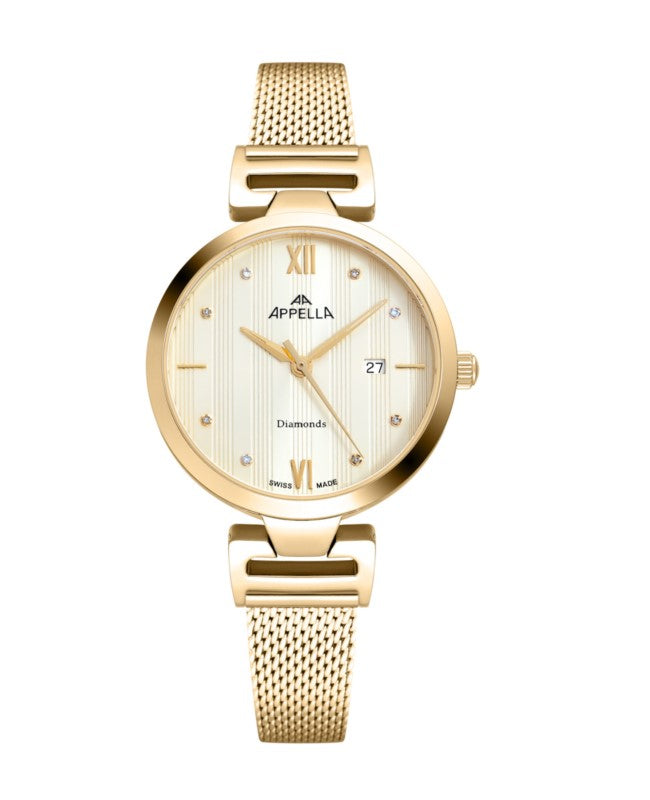 Ceas Appella, L50001.1181DQ, 32 mm, gold, cadran cu diamante (8 pietre)