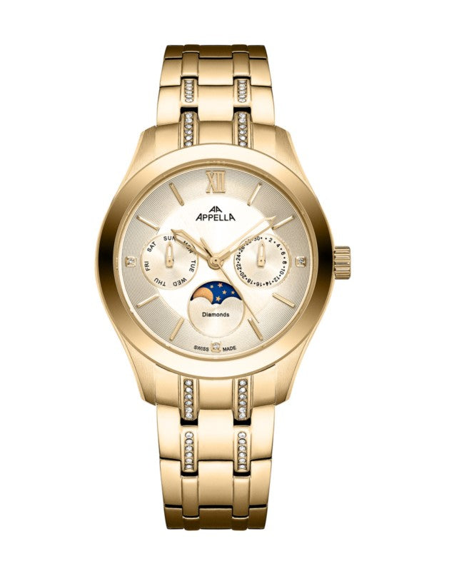 Ceas Appella, L50021.1161DQF, 36 mm, gold, cadran cu diamante (3 pietre)