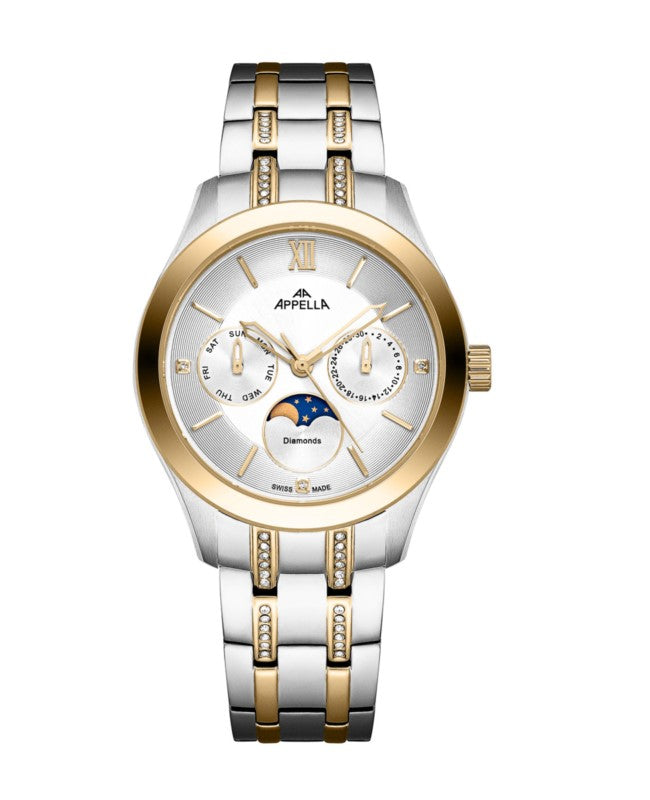 Ceas Appella, L50021.2163DQF, 36 mm, silver - gold, cadran cu diamante (3 pietre)