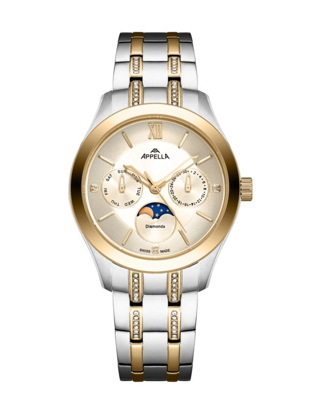 Ceas Appella, L50021.2161DQF, 36 mm, silver - gold, cadran cu diamante (3 pietre)