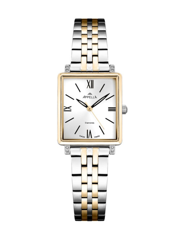 Ceas Appella, L50023.2163DQ, 24x26 mm, silver - gold, carcasă decorată cu diamante (8 pietre)