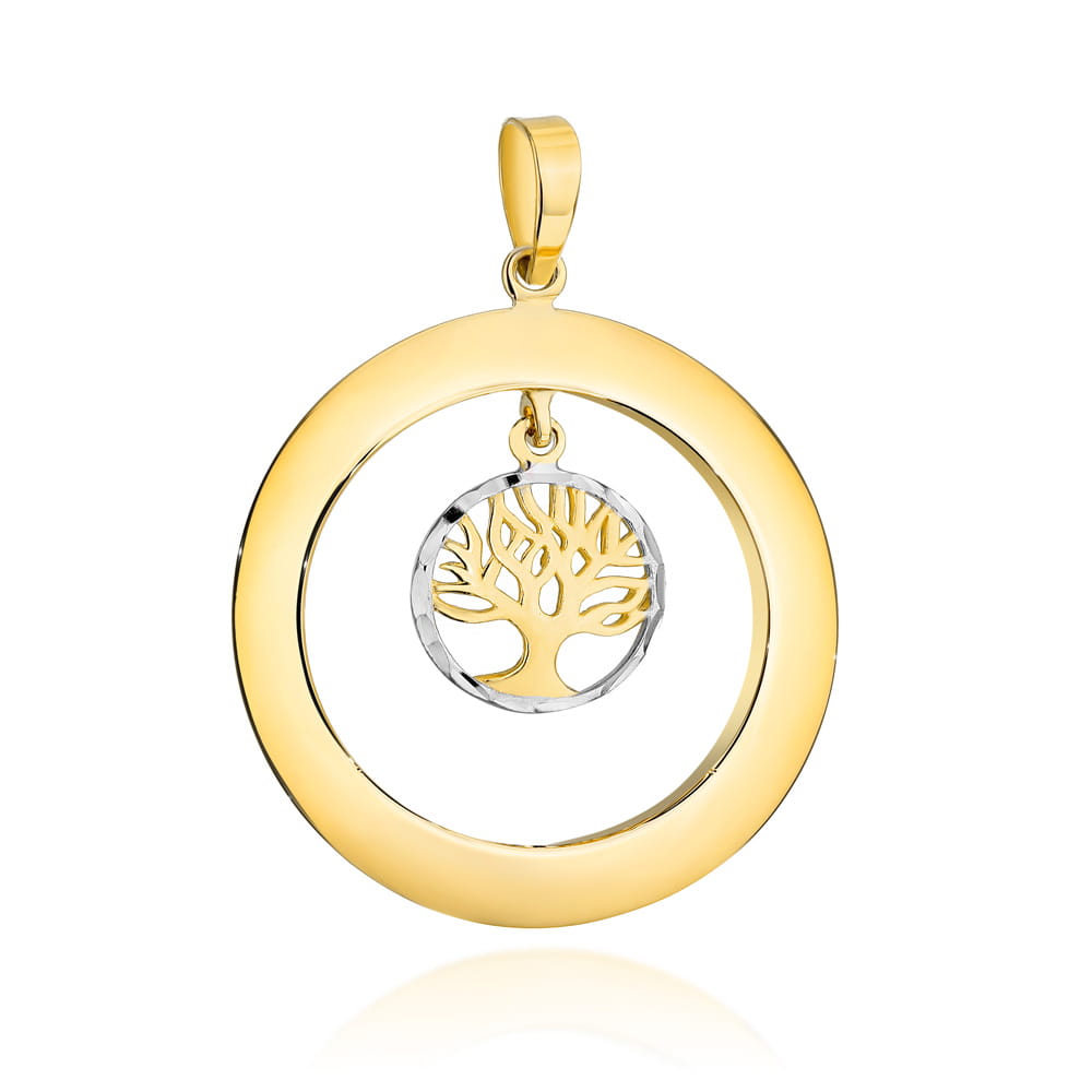 Un brad mic al fericirii pandantiv într-un cerc de aur alb și un inel de aur. 585