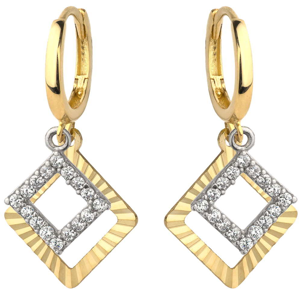 Cercei Aur 14K cu Două Pătrate, Unul Diamantat și Unul cu Zirconii, Model Creol
