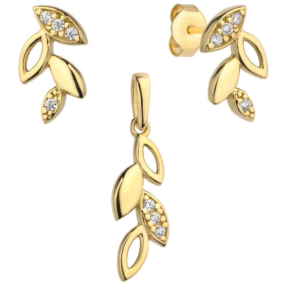 Set Cercei cu Frunze + Pandantiv si Cristale- Aur 14k