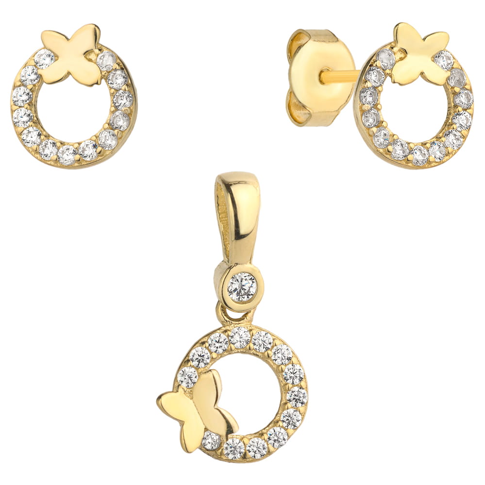 Set Cercei cu Fluturasi + Pandantiv si Cristale- Aur 14k