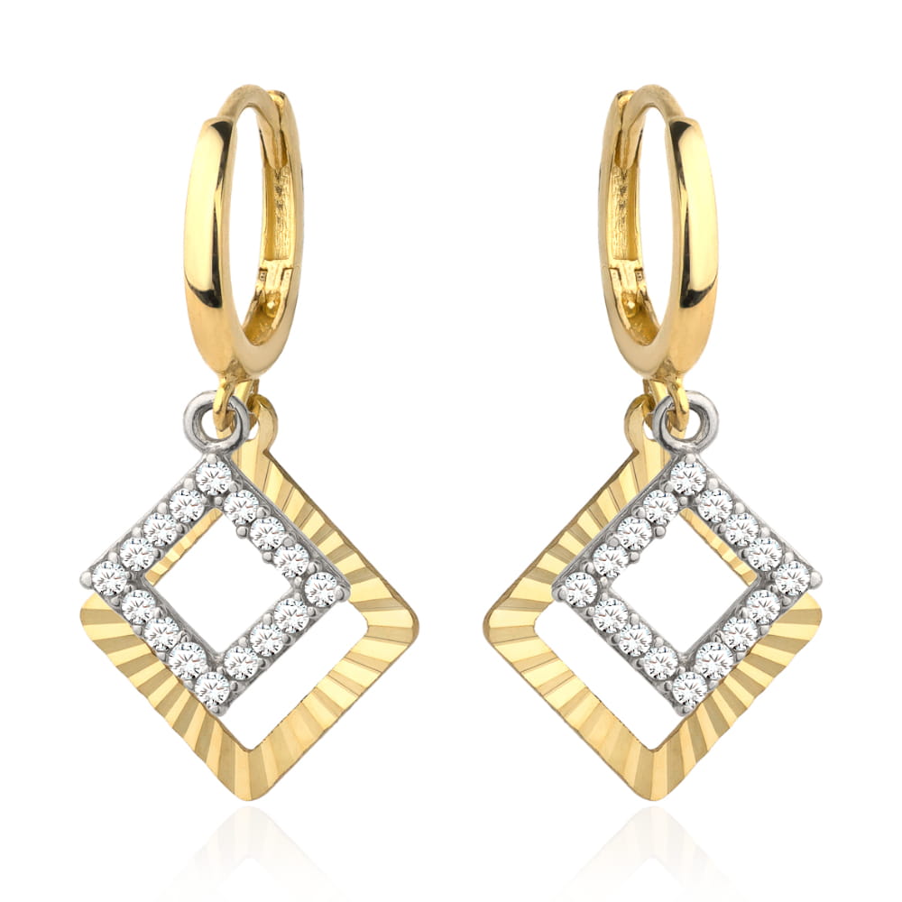 Cercei Aur 14K cu Două Pătrate, Unul Diamantat și Unul cu Zirconii, Model Creol