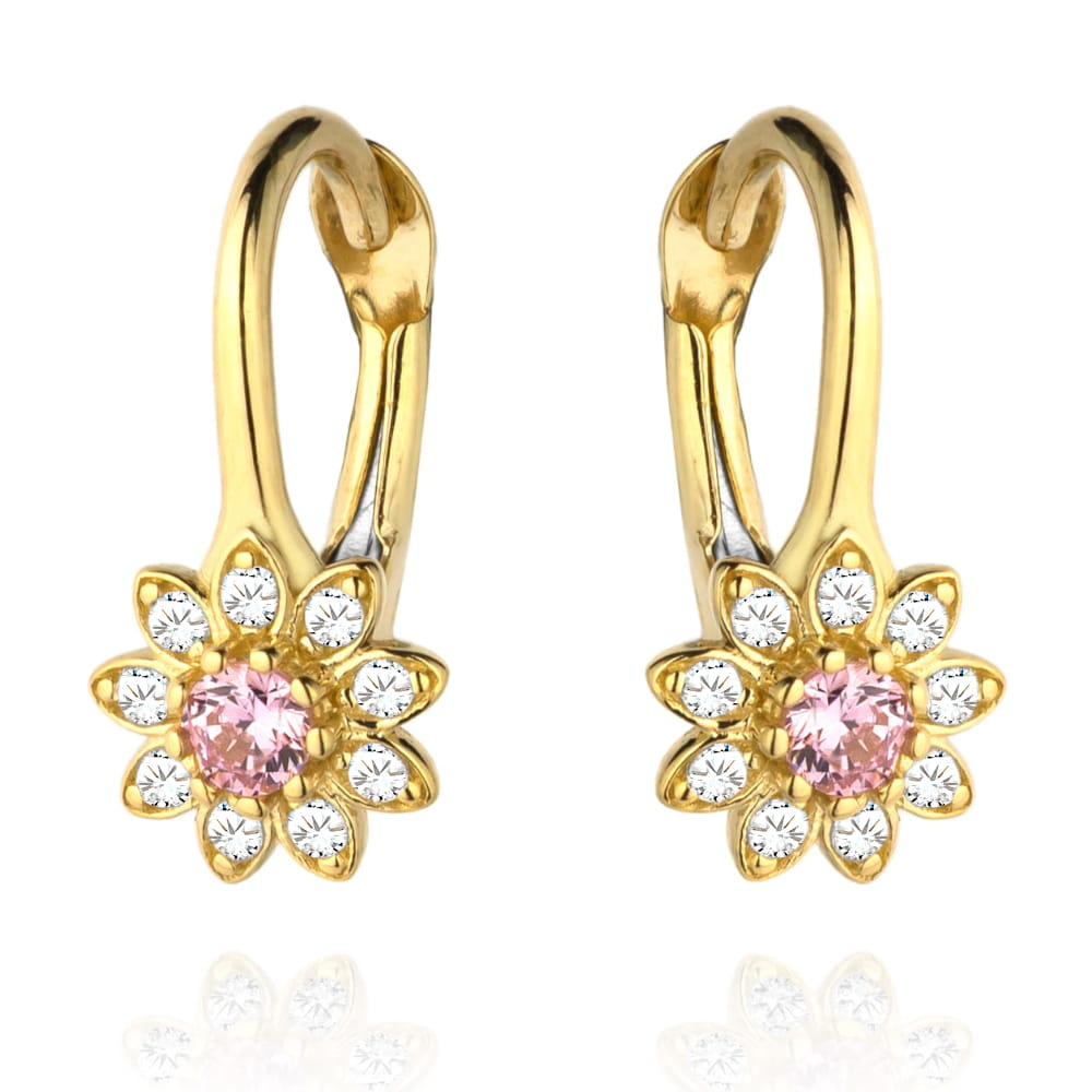 Cercei cu flori de zirconiu roz inconjurati de pietre albe