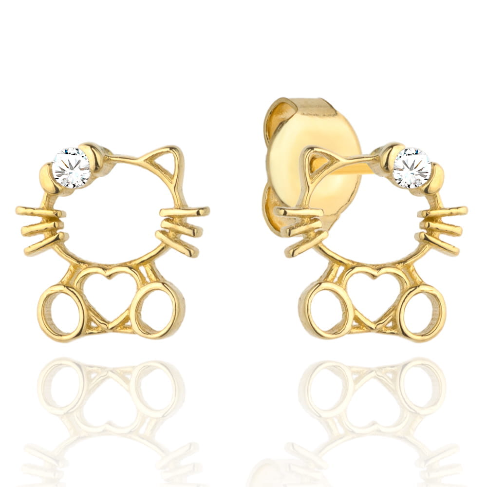 Cercei Din Aur 14K Pentru Copii, Model Pisiuț Cu Inimioară Și Zirconiu Cubic