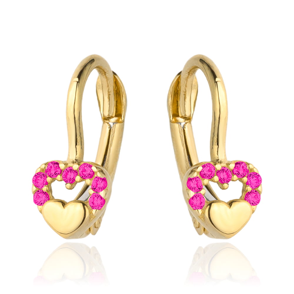 Cercei Aur 14k cu Inimioare si Zirconii Roz