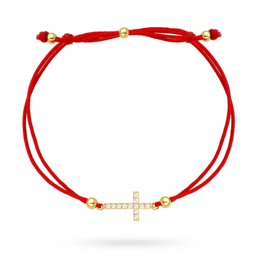 Bratara Snur Rosie Cruce cu Cristale si Bilute- Aur 14k