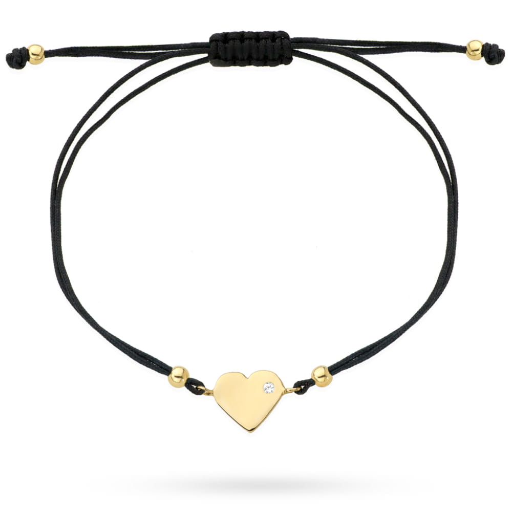 Brățară Inimă de Aur cu Zirconiu pe Snur Negru -Aur 14k