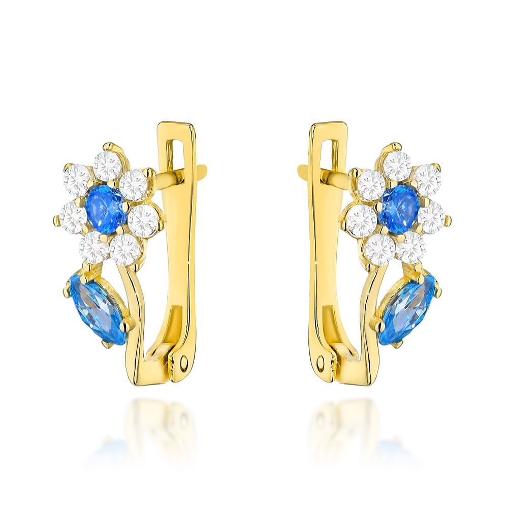 Cercei Aur 14K Model Flori Cu Circoniu Albastru