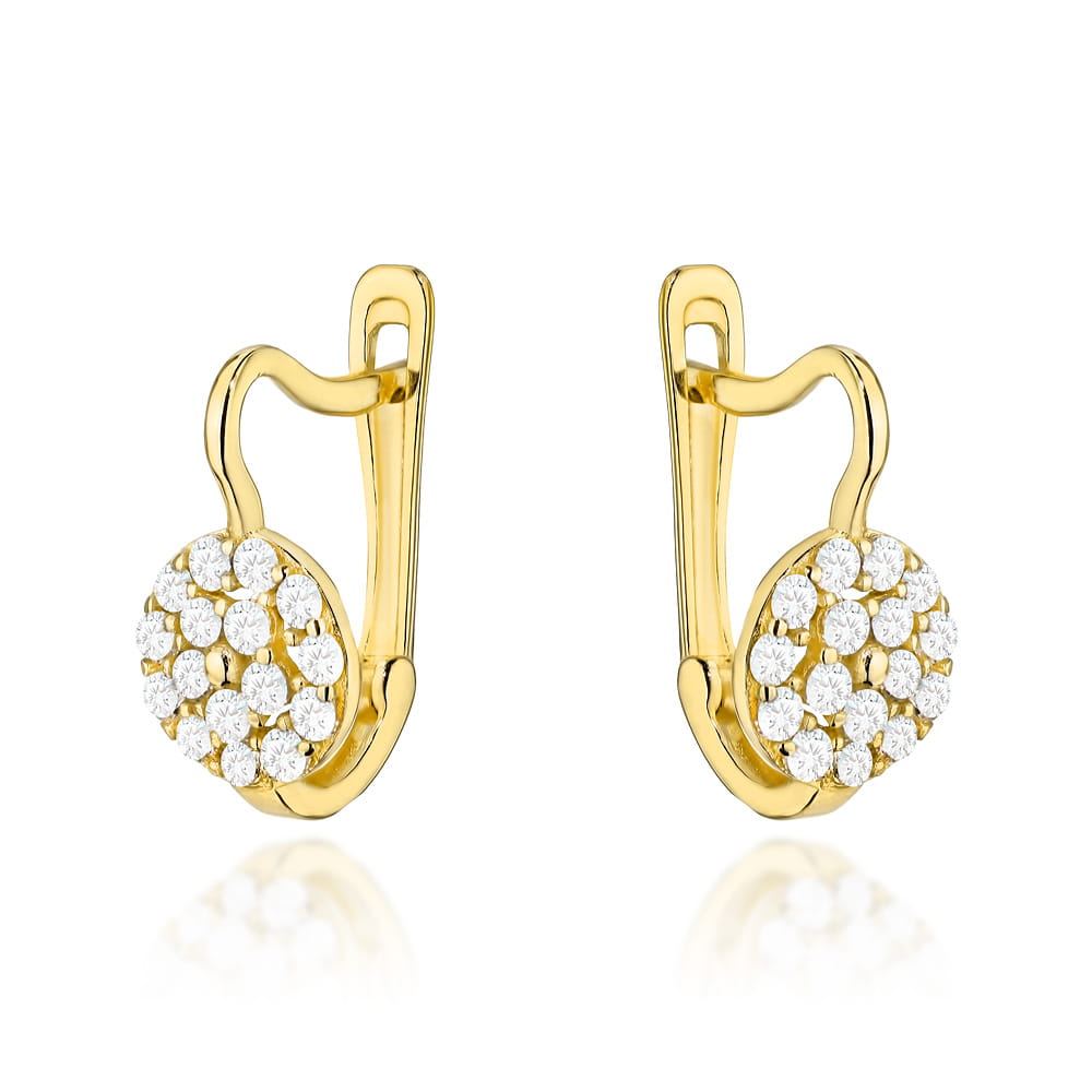 Cercei Eleganti din Aur Galben 14K Tip Cerc cu Pietre de Zirconiu, Sistem Englezesc