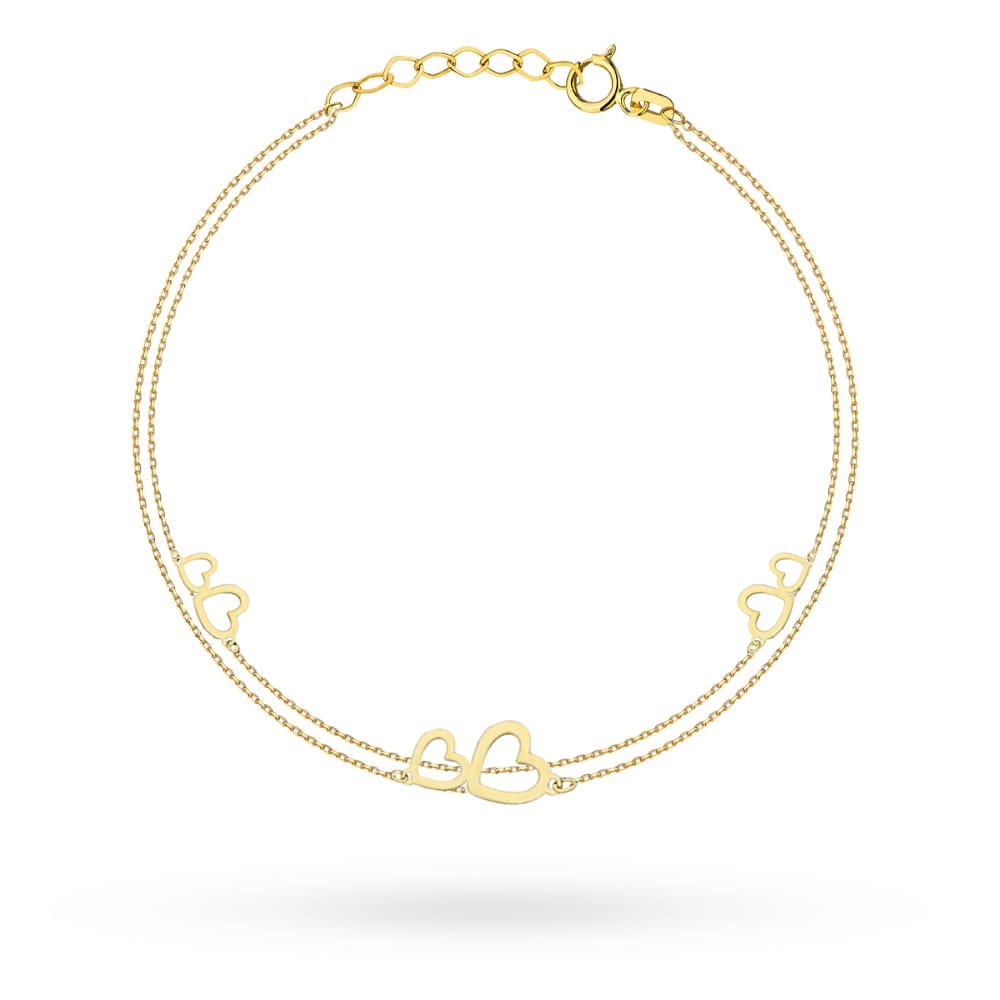 Brățară Elegantă Din Aur 14K Cu Trei Inimi Duble Și Lănțișor Dublu