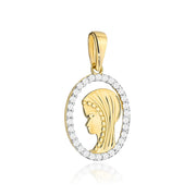 Medalion Oval din Aur 14K, Decorat cu Zirconii, cu Icoana Maicii Domnului