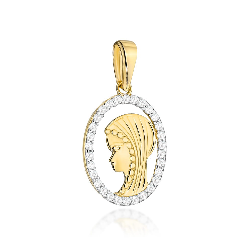 Medalion Oval din Aur 14K, Decorat cu Zirconii, cu Icoana Maicii Domnului