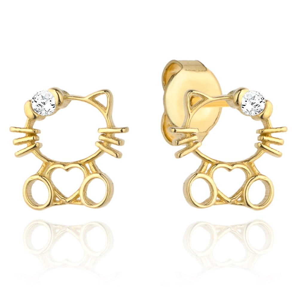 Cercei Din Aur 14K Pentru Copii, Model Pisiuț Cu Inimioară Și Zirconiu Cubic