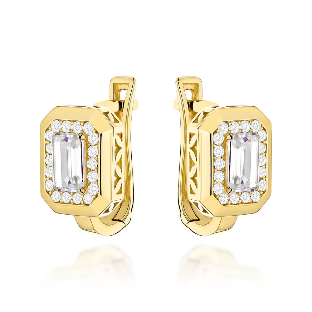 Cercei Eleganți Din Aur Galben 14K Cu Cristale Zirconiu Și Sistem Englezesc