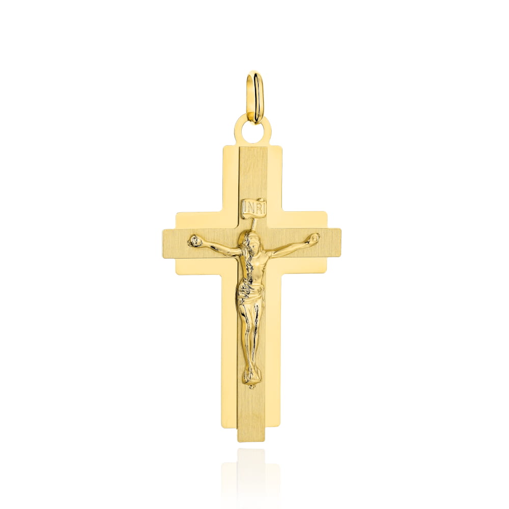 Cruciuliță Aur Galben 14K Satinată cu Contur Lucios și Isus