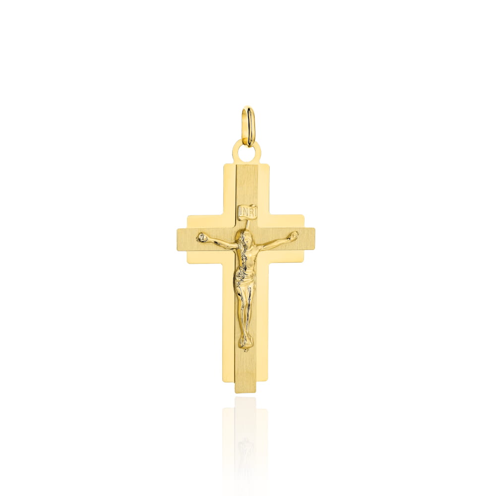Cruciuliță Mică Din Aur Galben 14K Satinată Cu Ramă Lucidă Și Chipul Lui Isus
