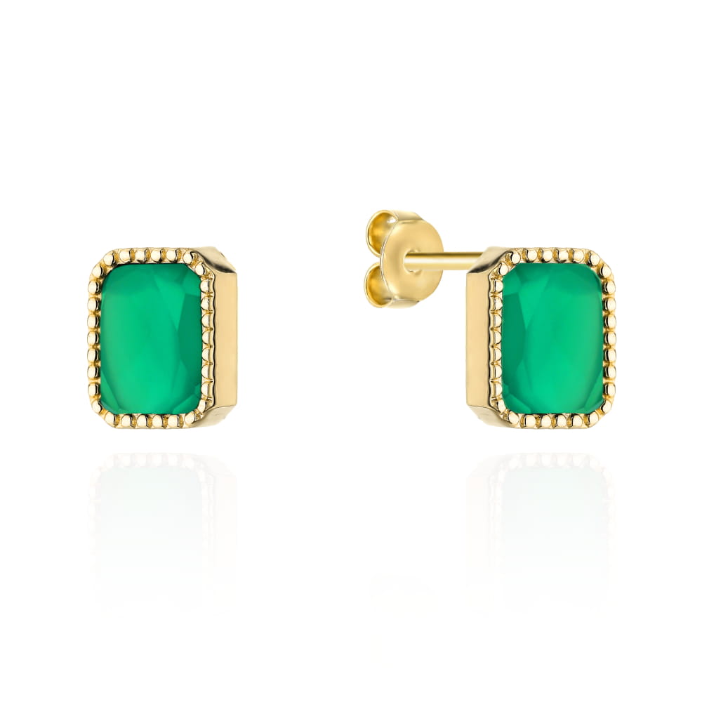 Cercei Aur Galben Cu Agat Verde Dreptunghiular 14K