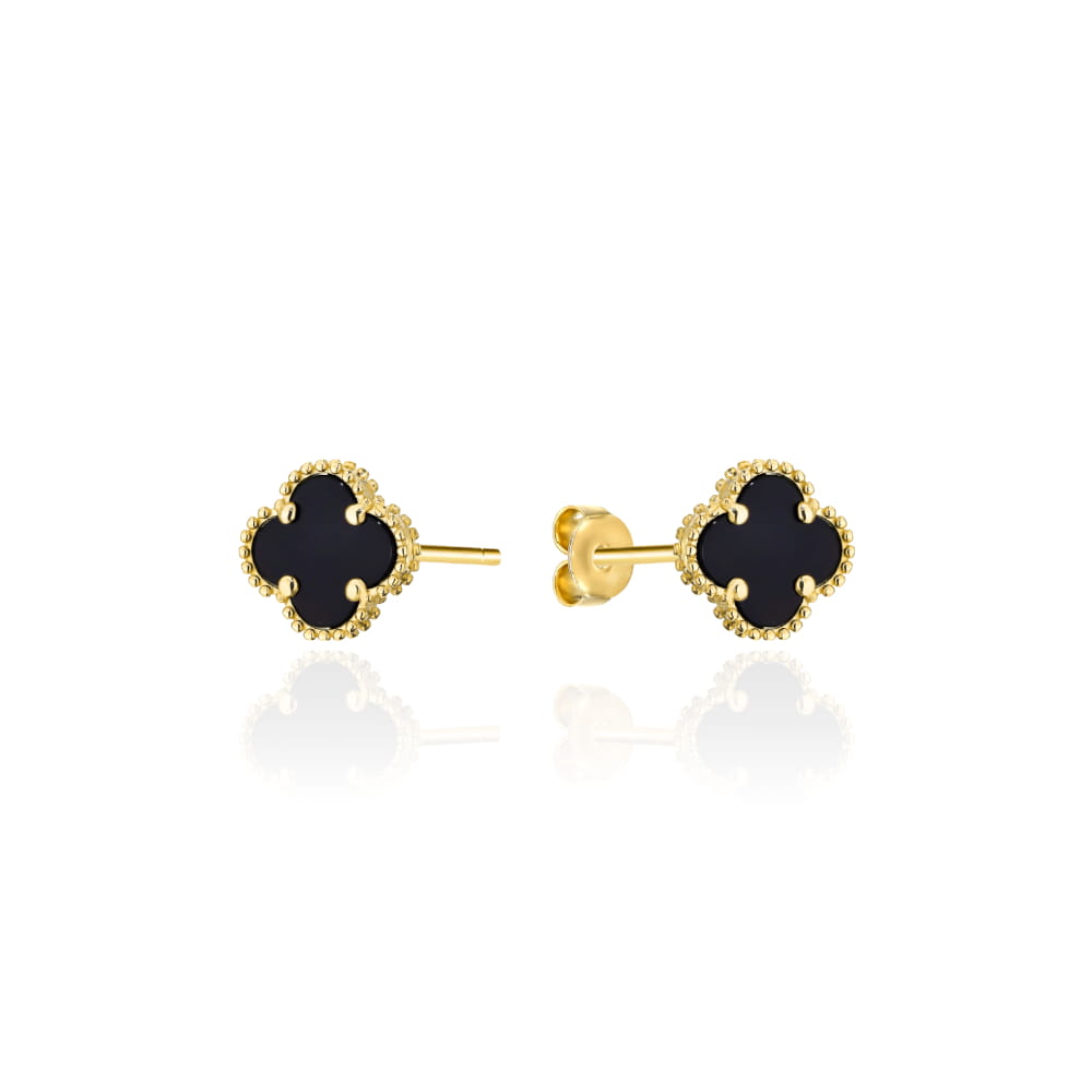 Cercei Eleganți Aur 14K Motiv Trifoi Negru 4mm