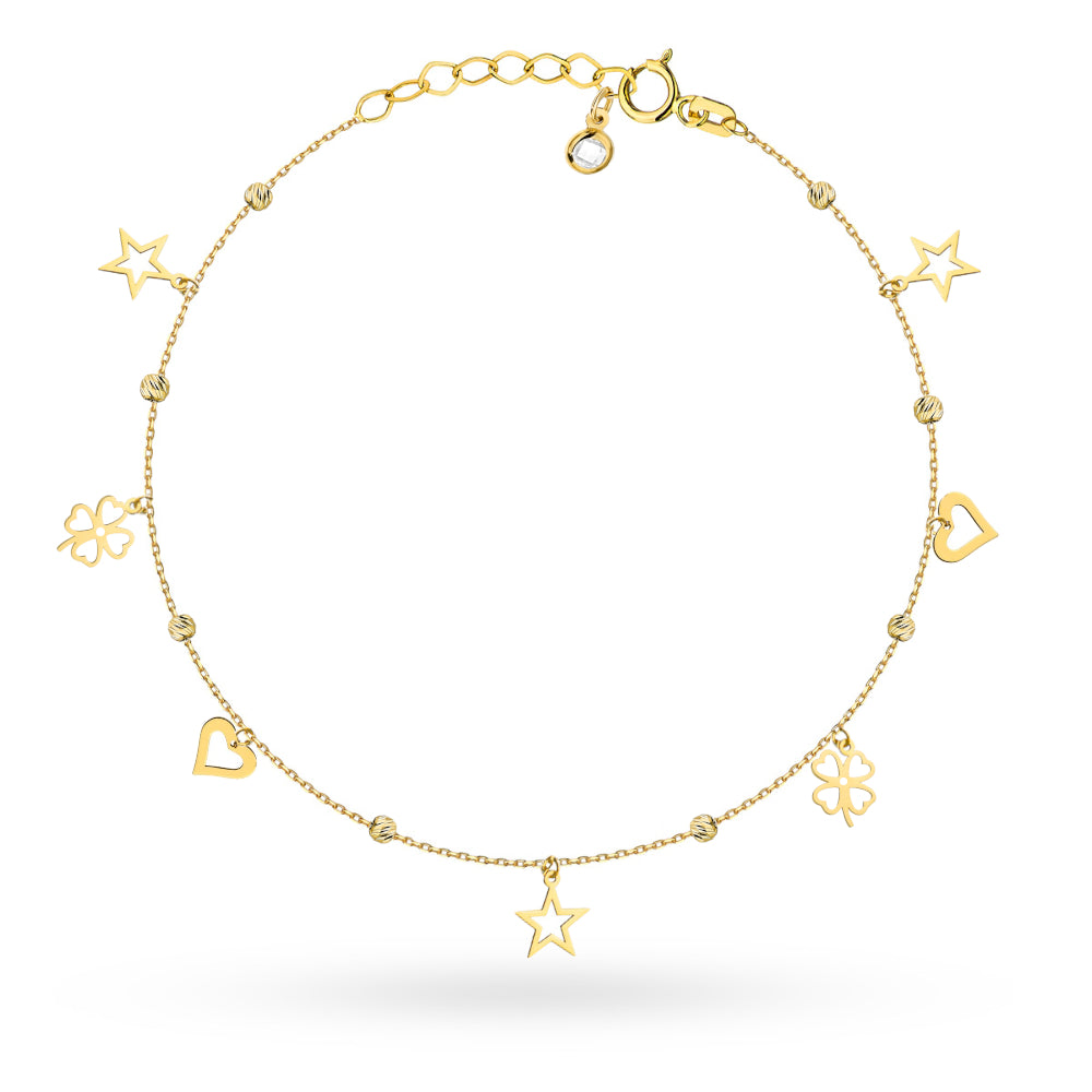 Brățară de Glezna Aur 14K cu Biluțe Diamantate, Stele, Inimi și Trifoi