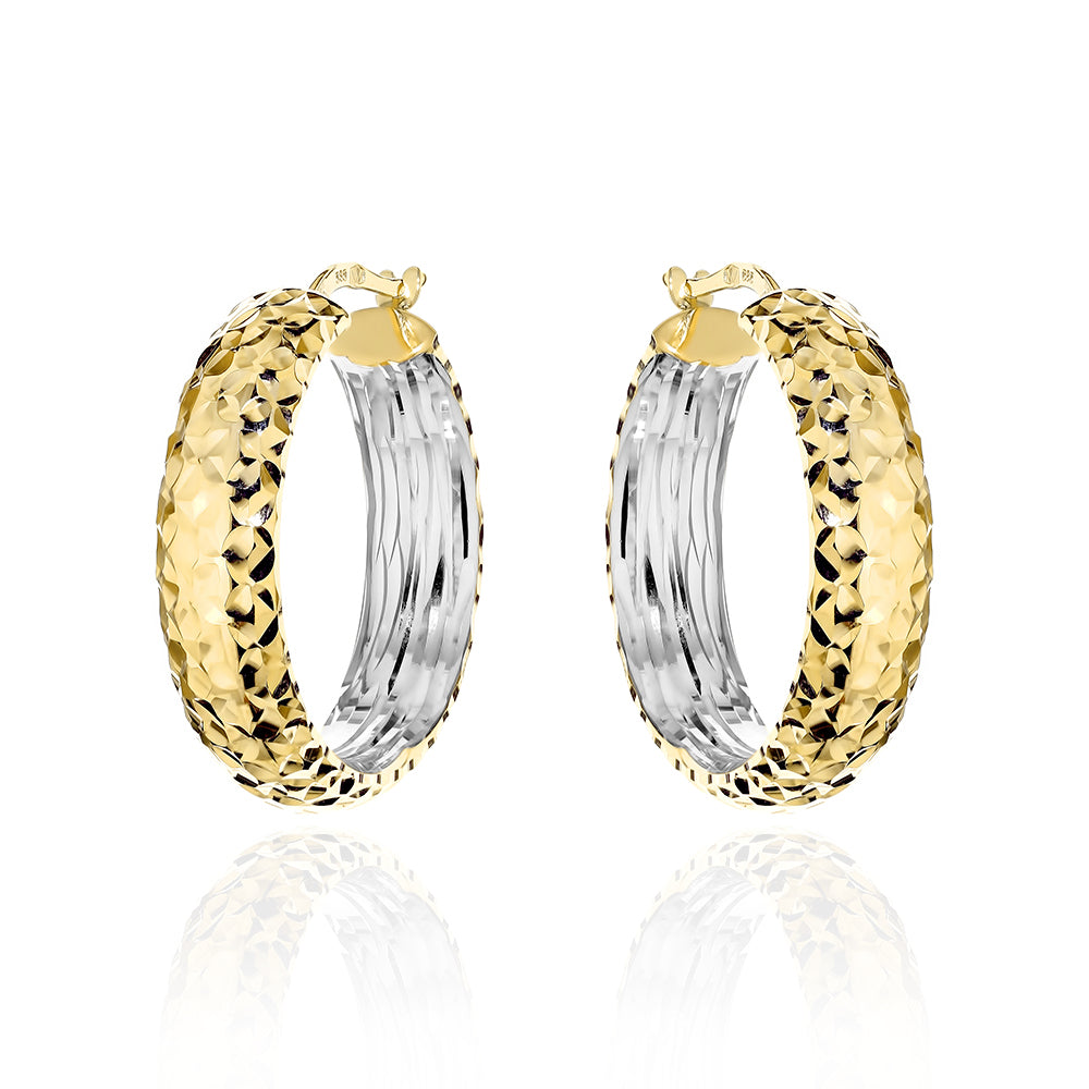 Cercei Aur 14K Rotunzi Diamantați Cu Bară Lată - Două Culori