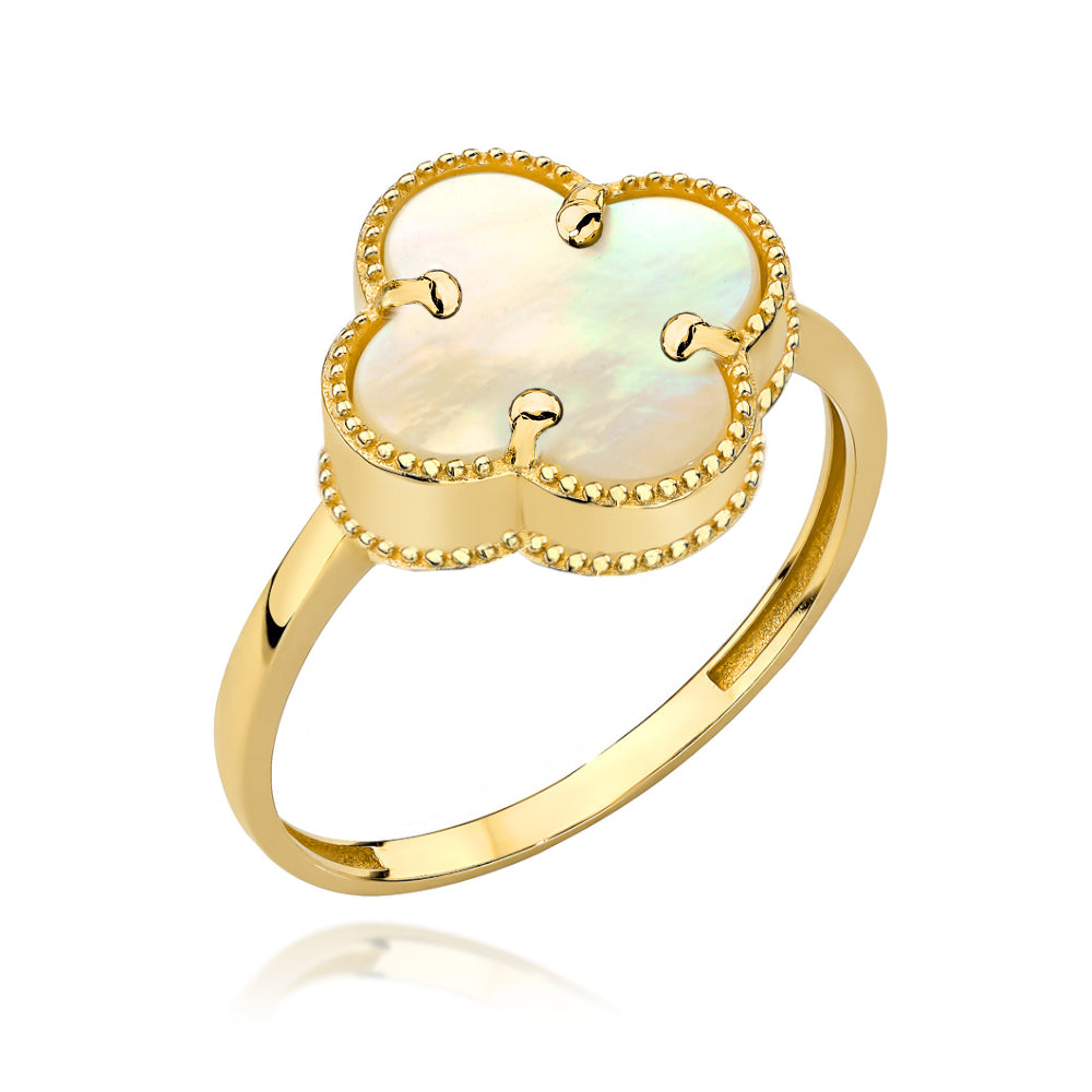 Inel Aur 14K Trifoi cu Perlă Naturală - Eleganță și Noroc