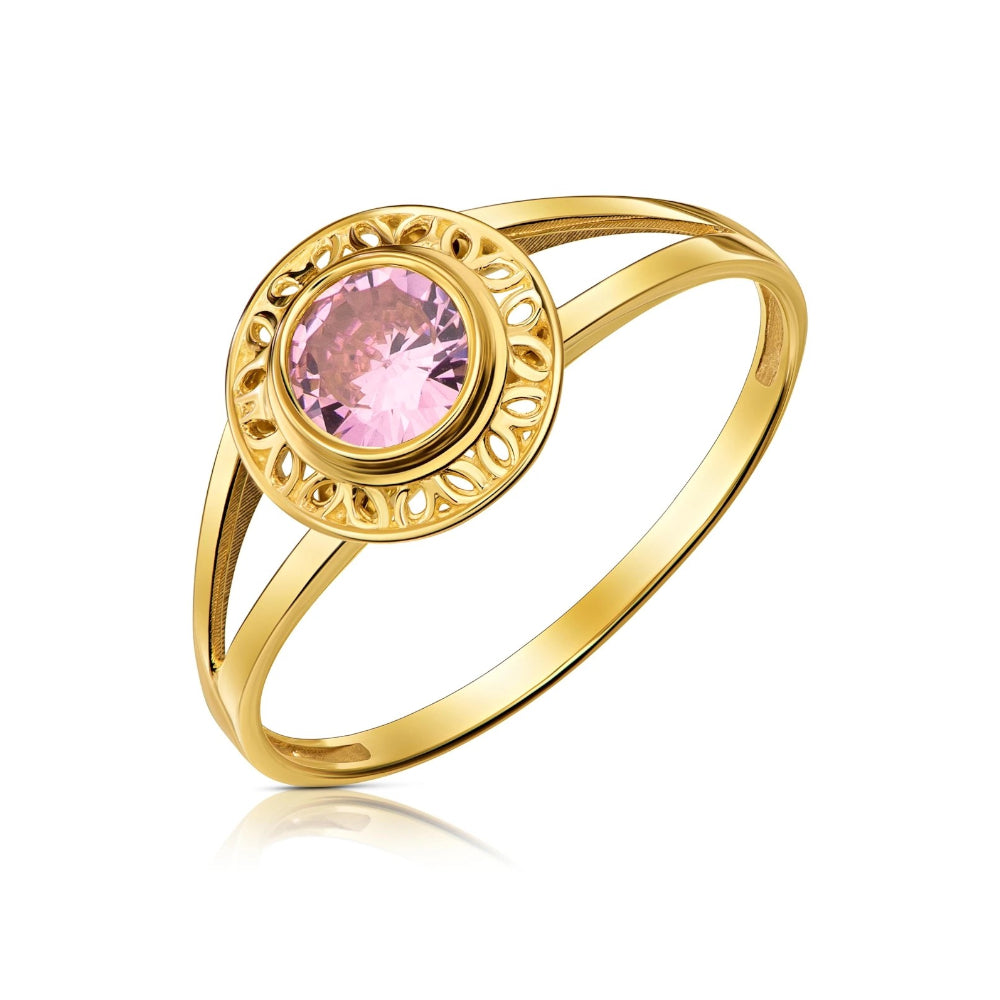 Inel Auriu Ajourat, Aur 8K, Piatră Roz, Design Elegant
