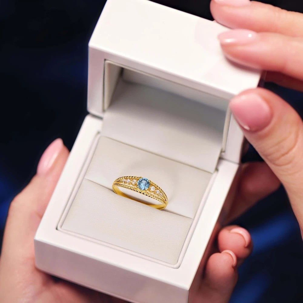 Inel Aur 8K cu Piatră Albastră și Zirconiu – Eleganță Refined G.0083a