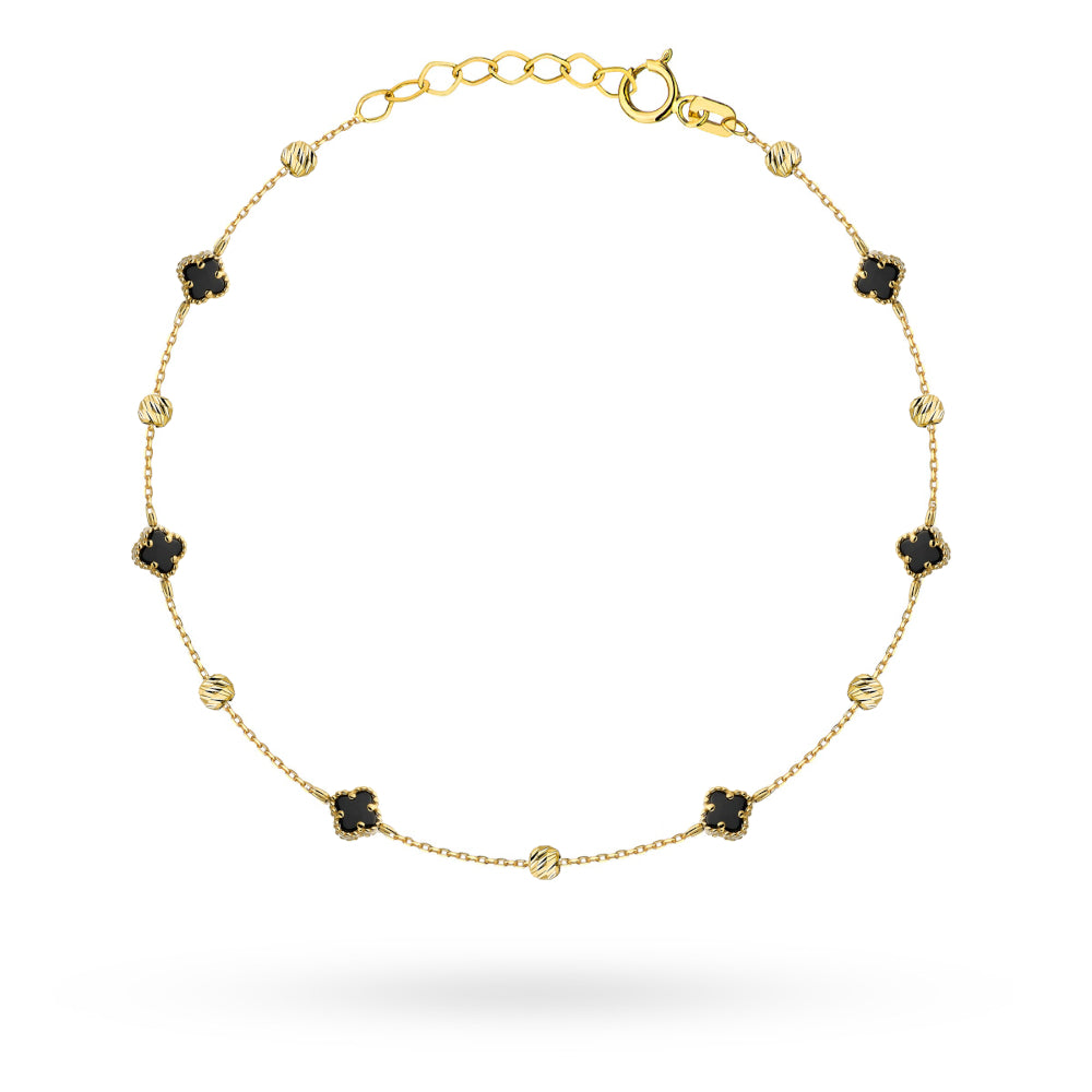 Brățară Aur 14K cu Trifoi Negru și Biluțe Diamantate