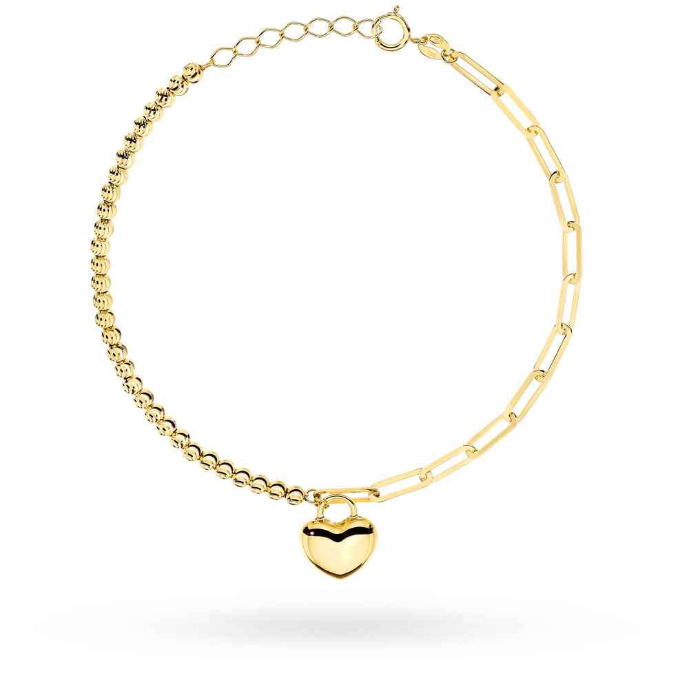 Brățară Aur 14K Cu Zale Lungi, Biluțe Diamantate și Inimă Netedă