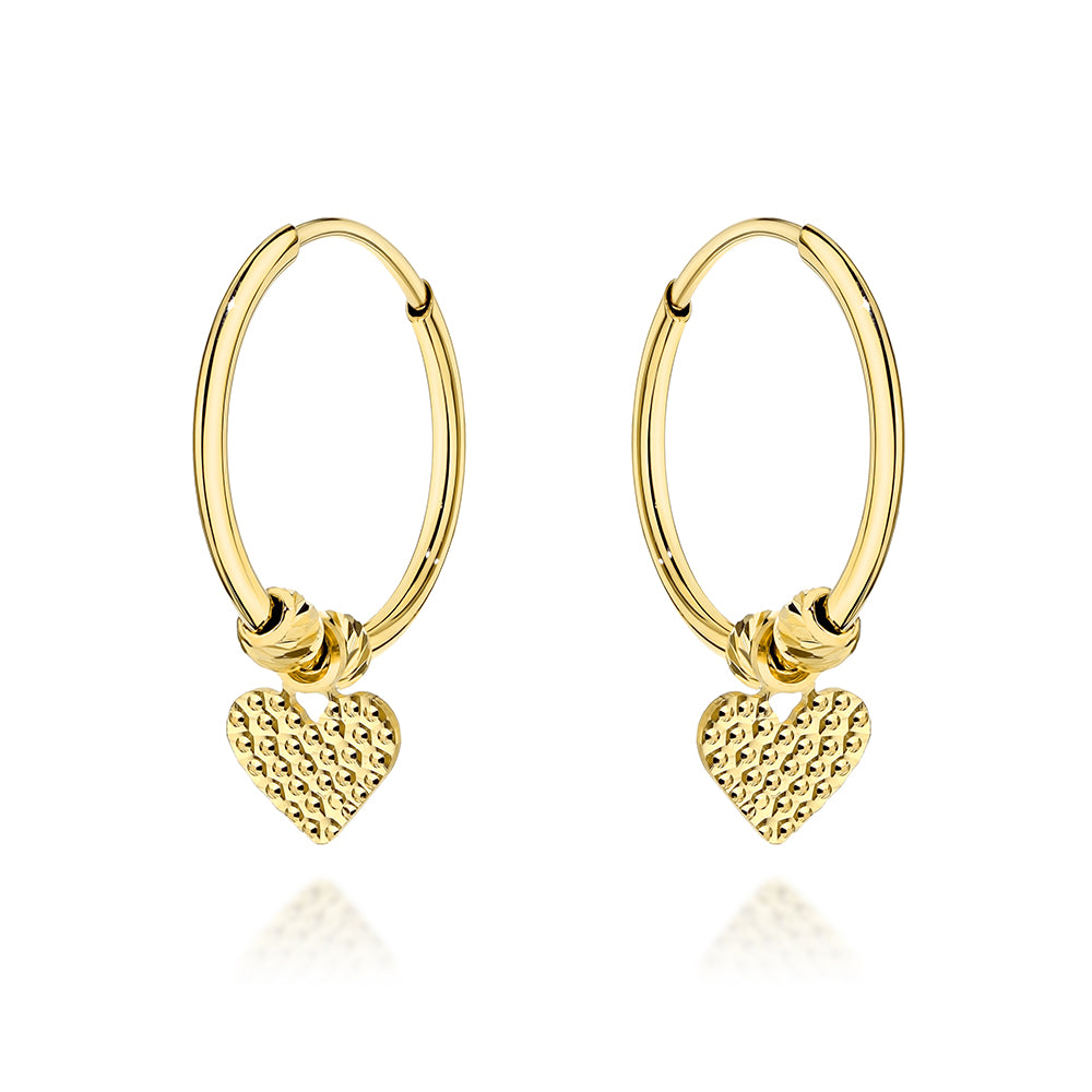 Cercei Din Aur 14K Cu Inimi Și Bile Diamantate Tip Creole