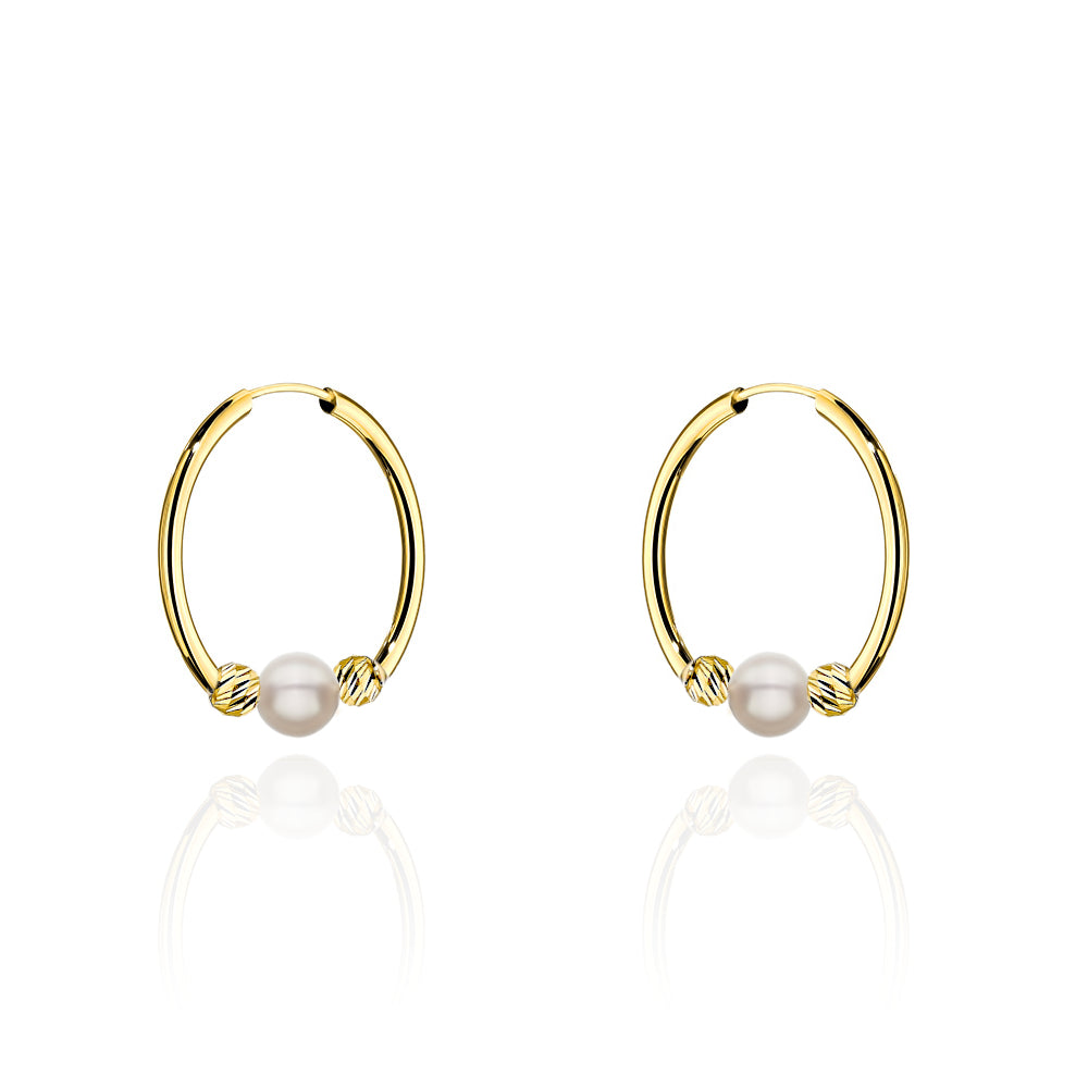 Cercei Aur 14K Tip Creol Cu Perlă Naturală Și Bile Diamantate