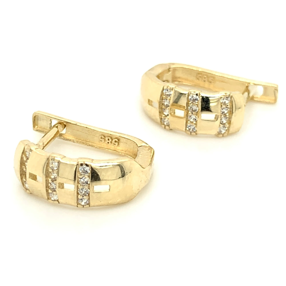 Cercei Aur 14K cu Trei Rânduri de Zirconii, Design Transversal