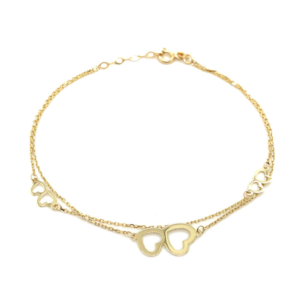 Brățară Elegantă Din Aur 14K Cu Trei Inimi Duble Și Lănțișor Dublu