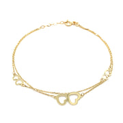 Brățară Elegantă Din Aur 14K Cu Trei Inimi Duble Și Lănțișor Dublu