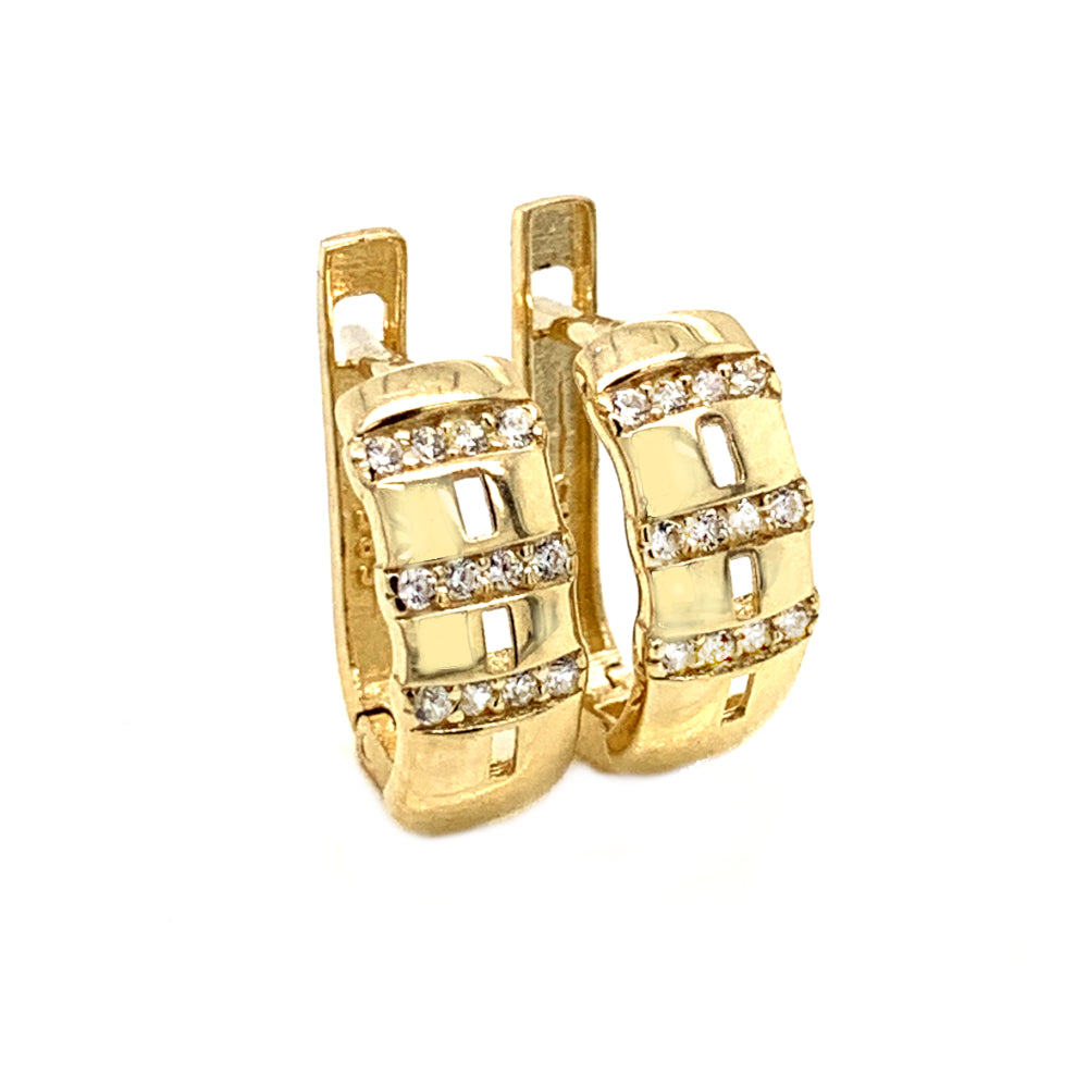 Cercei Aur 14K cu Trei Rânduri de Zirconii, Design Transversal