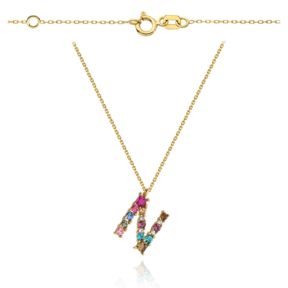 Colier cu Litera N si Pietre Multicolore- Aur 14k