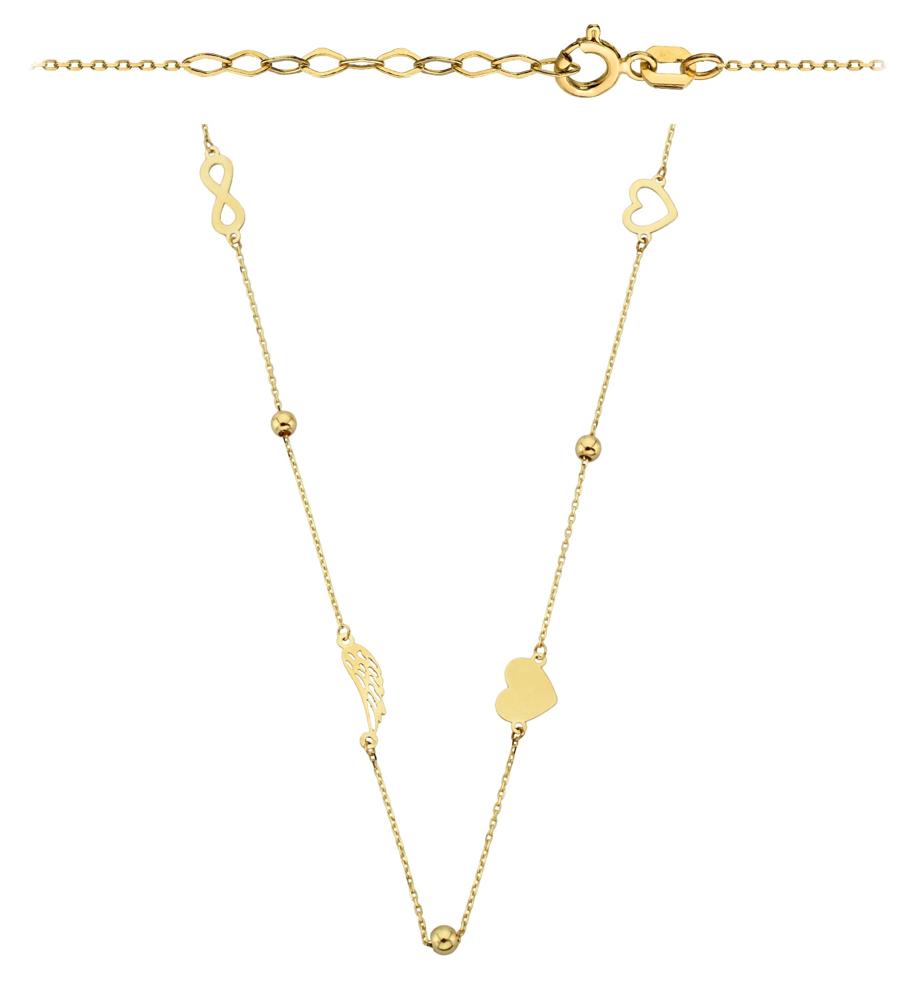 Colier Infinit cu Bile Netede, Aripă de Înger și Inimi Pline și Contur