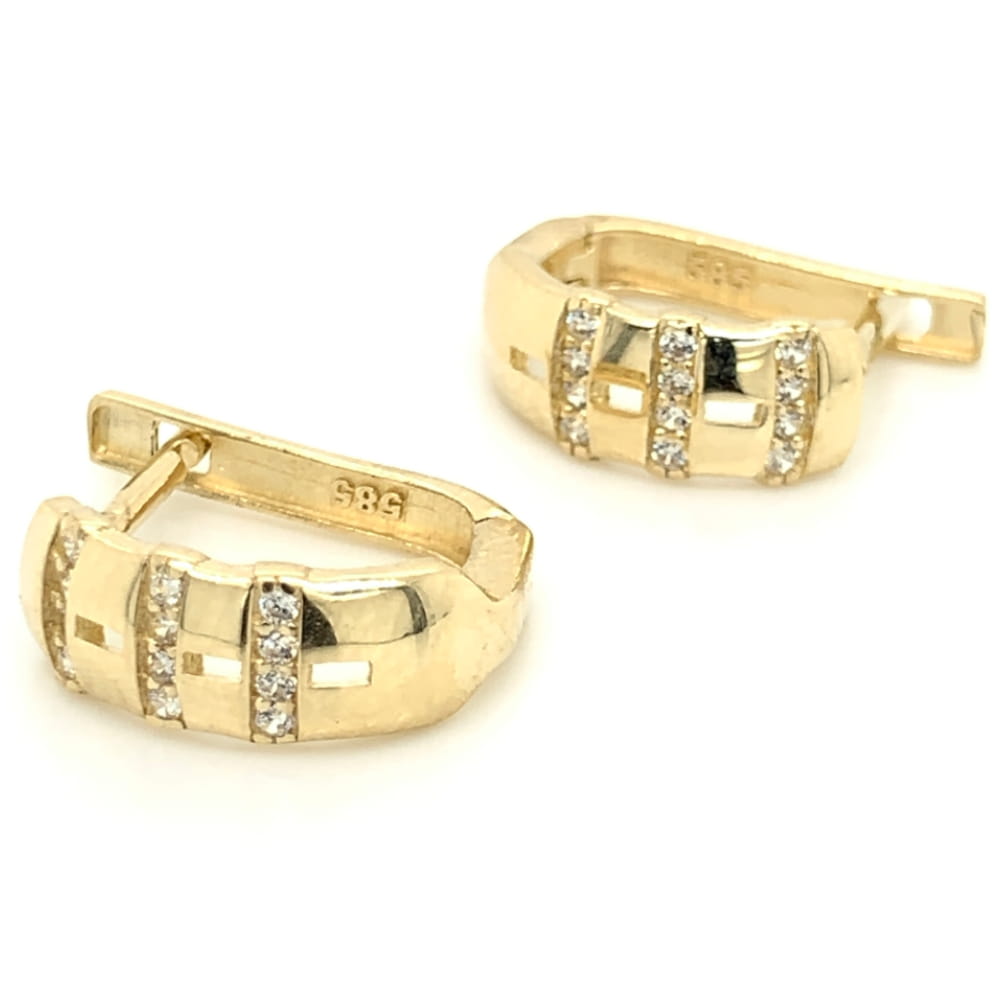 Cercei Aur 14K cu Trei Rânduri de Zirconii, Design Transversal