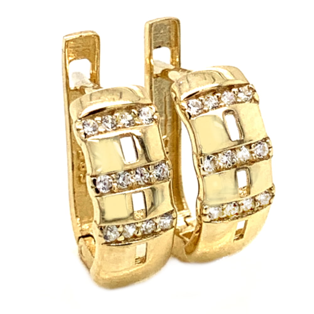 Cercei Aur 14K cu Trei Rânduri de Zirconii, Design Transversal