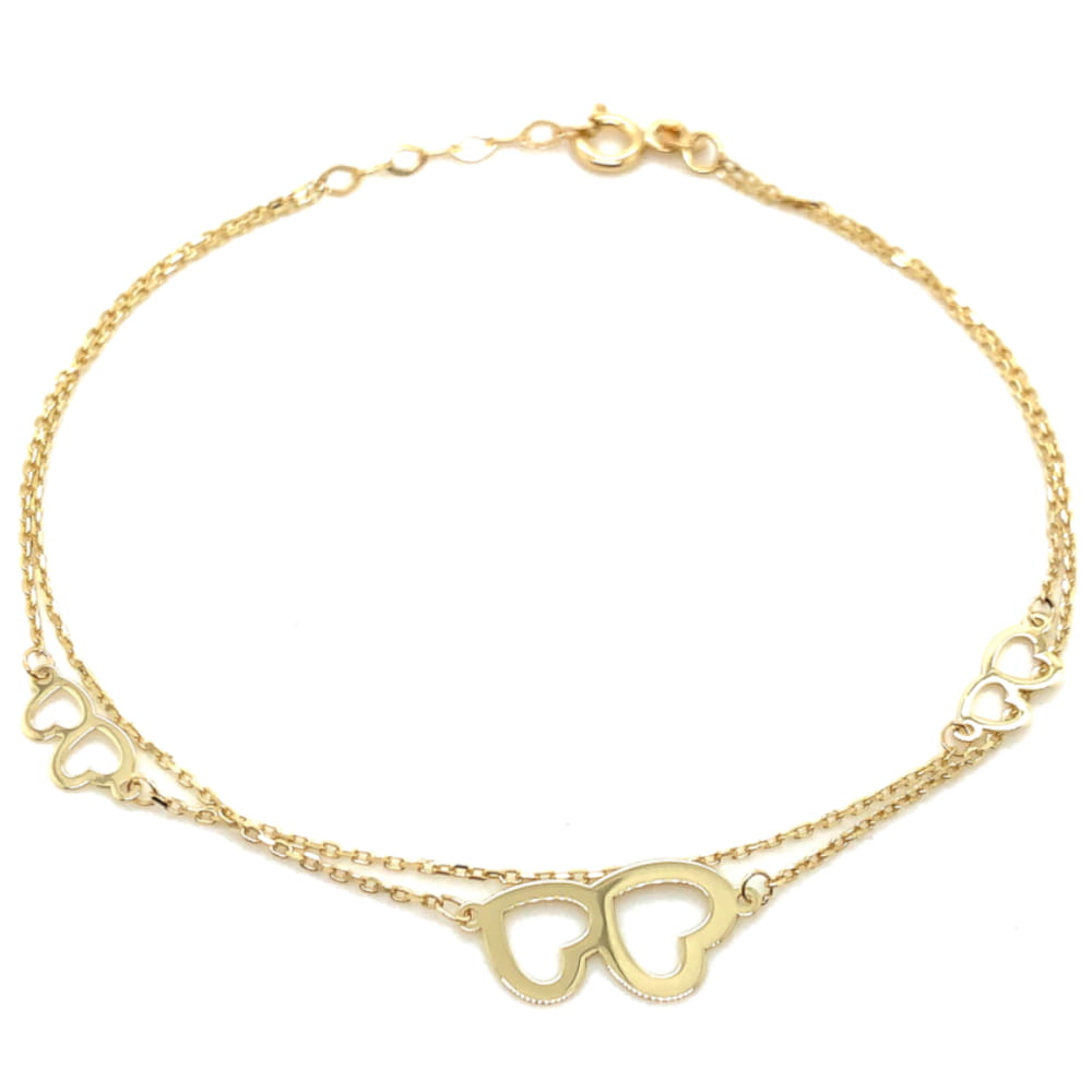 Brățară Elegantă Din Aur 14K Cu Trei Inimi Duble Și Lănțișor Dublu