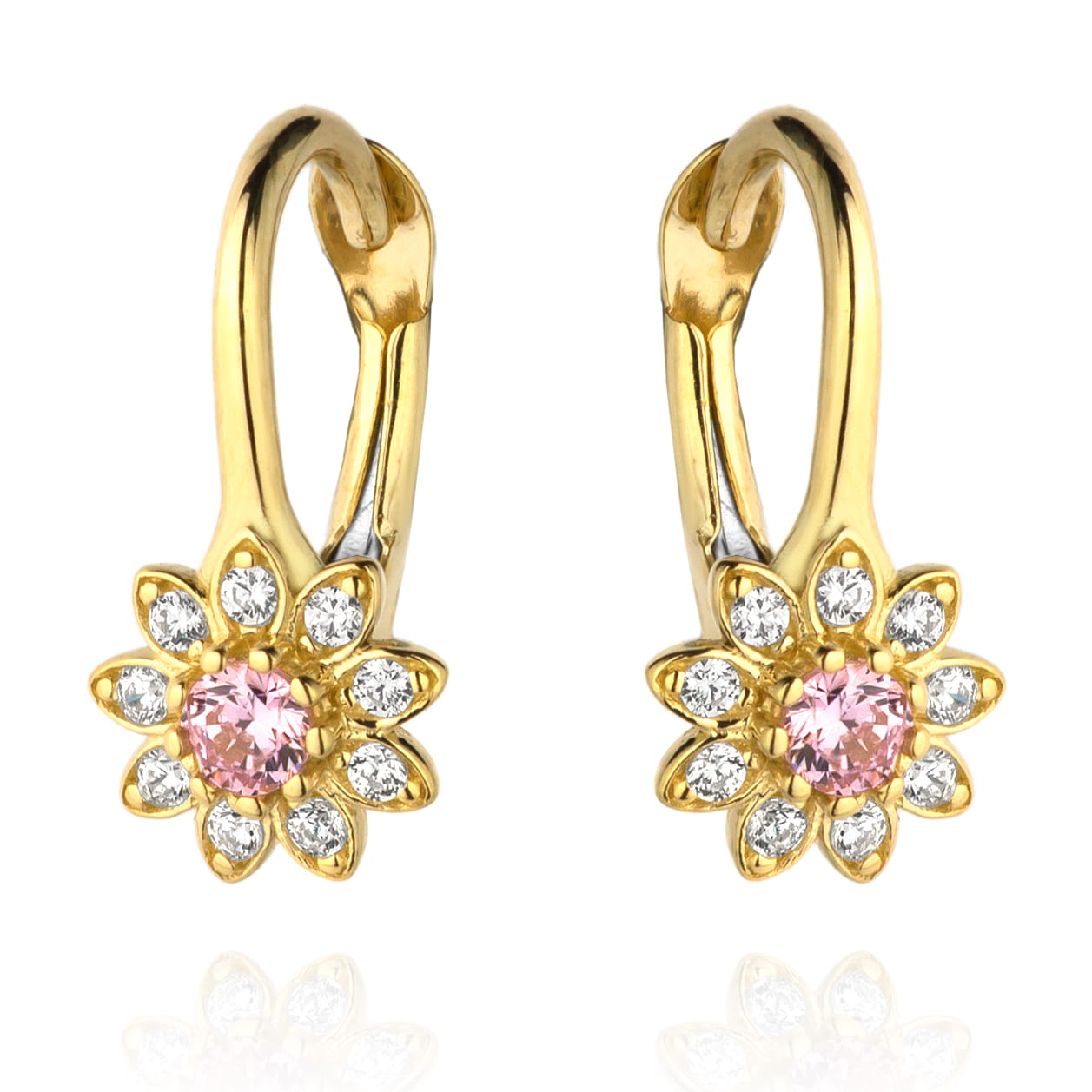 Cercei cu flori de zirconiu roz inconjurati de pietre albe
