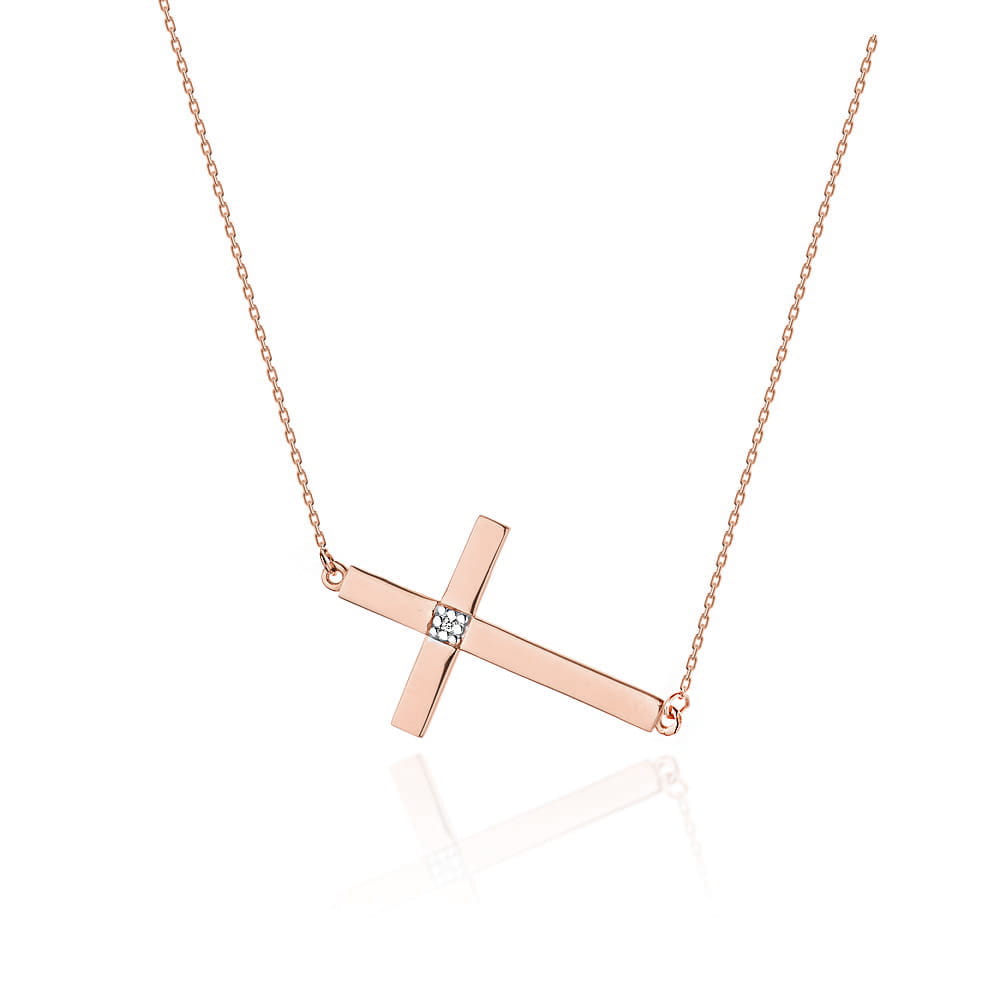 Colier Cruce Aur 14k cu Diamante 0.005 ct - Roz