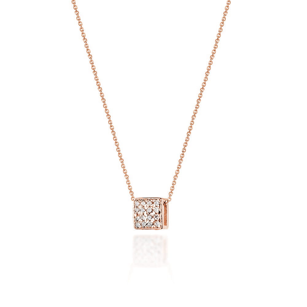 Colier Patrat Aur 14k cu Diamante 0.08 ct - Roz