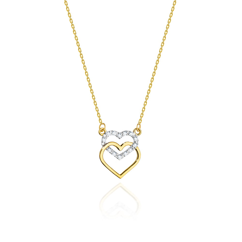 Colier Inimioare Aur 14k cu Diamante 0.05 ct - Galben