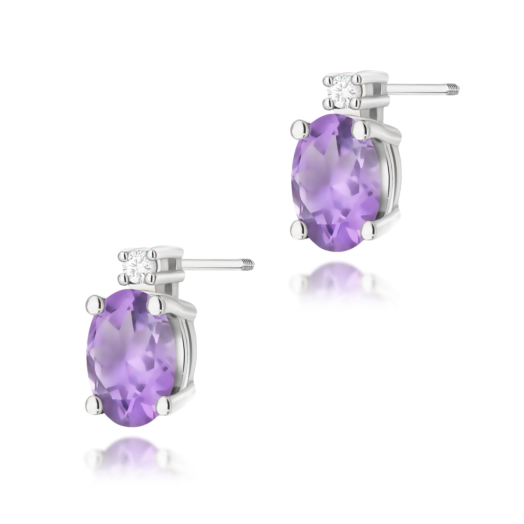 Cercei Aur 14K cu Ametist 0.80 ct si Diamant Natural 0.03 ct - Alb
